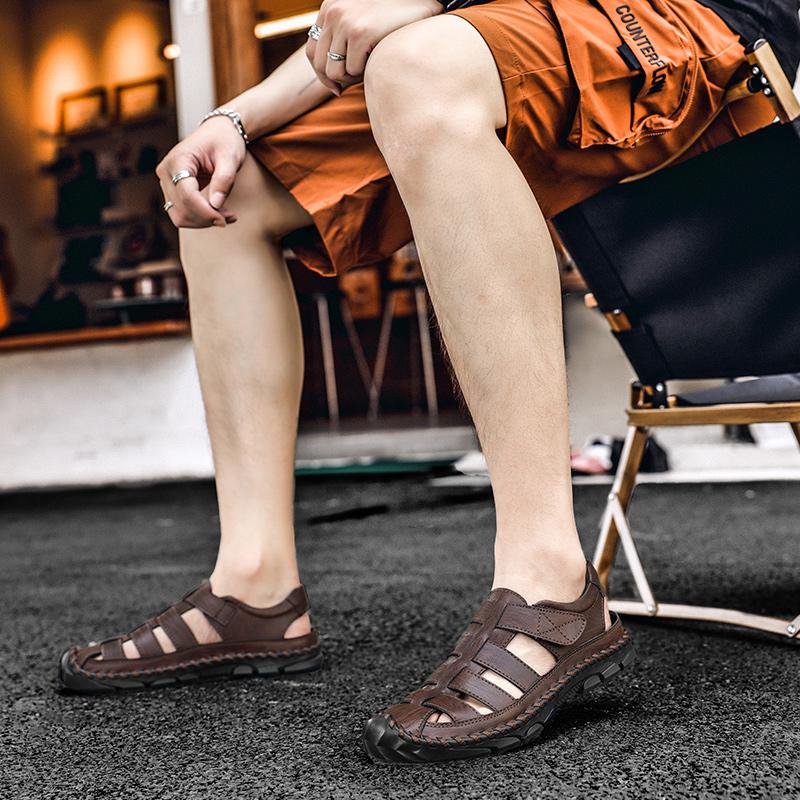 Summer Men's Leather Shoes Male Sandals Handmade Hollow Flats Quick Dry Wading Shoes