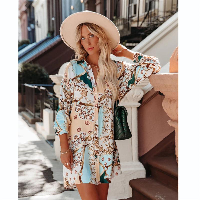 Women Spring Autumn Long Sleeve Lapel Printing Loose Above Knee Length Shirt Dress