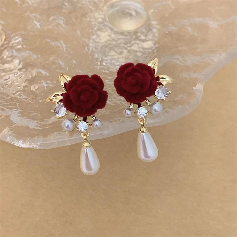 Red Velvet Rose Earrings, Vintage Pearl Earrings, Versatile Earrings For Women'S Temperament