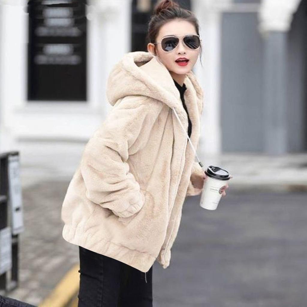 Plush Faux  Hooded Pocket Jacket For Women's Loose Plush Long Sleeved Women's Top