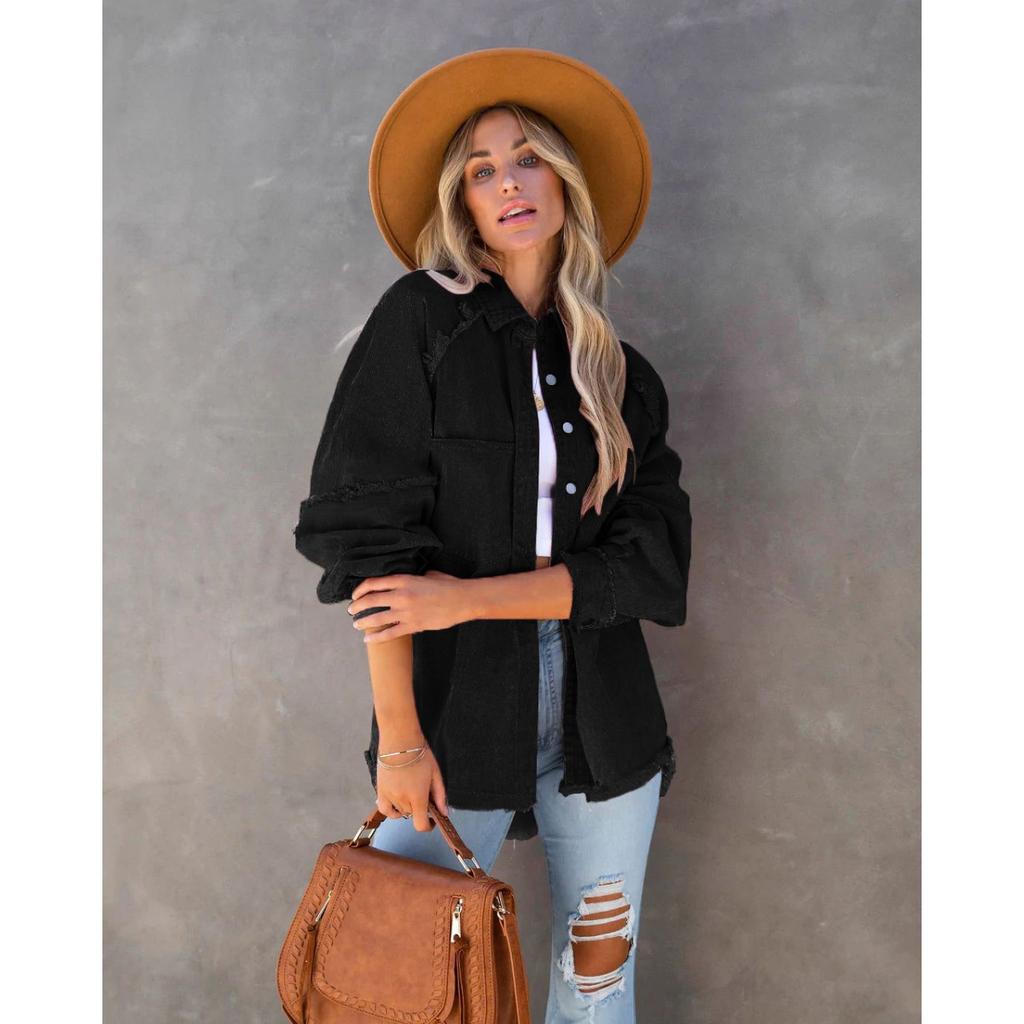 Long Sleeve Denim Jacket Women Washed Raw Edge Mid-Length Loose Jacket