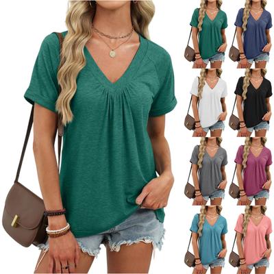 Women's Fashion Solid Color V-neck Pleated Loose Short Sleeved T-shirt Top