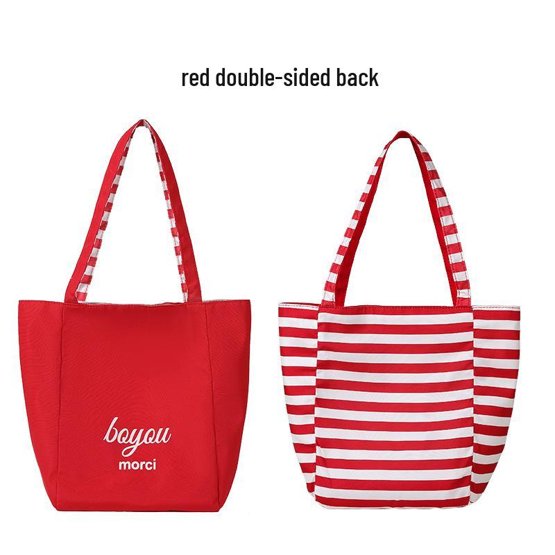 

Student Women s 2025 Large Red Striped Canvas Tote Bag - Double-Sided, Lazy Style, Korean-inspired, Spacious Shoulder Bag.