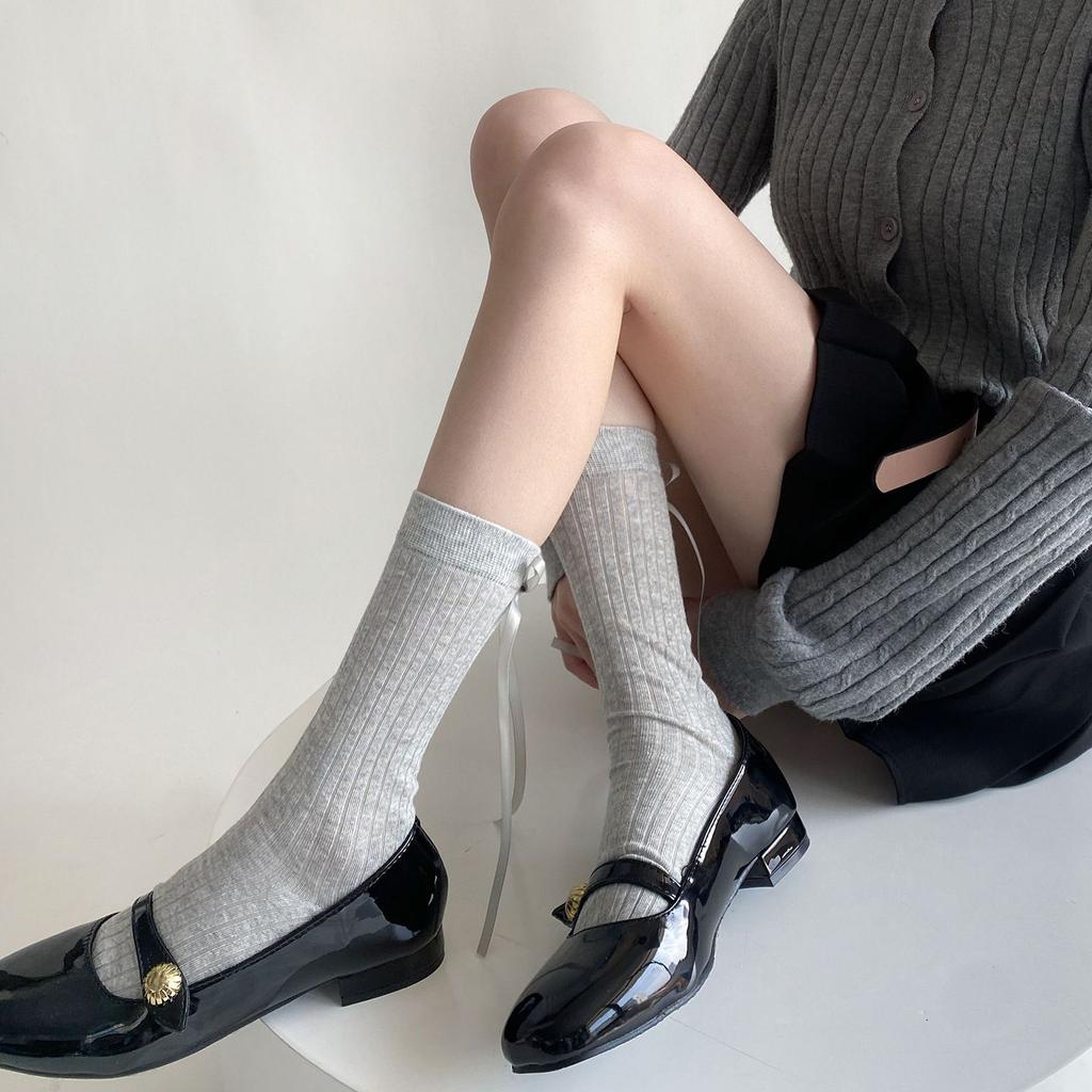 Solid Color Middle Tube Cotton Socks Women Cute Ribbon Bowknot Back Calf Socks