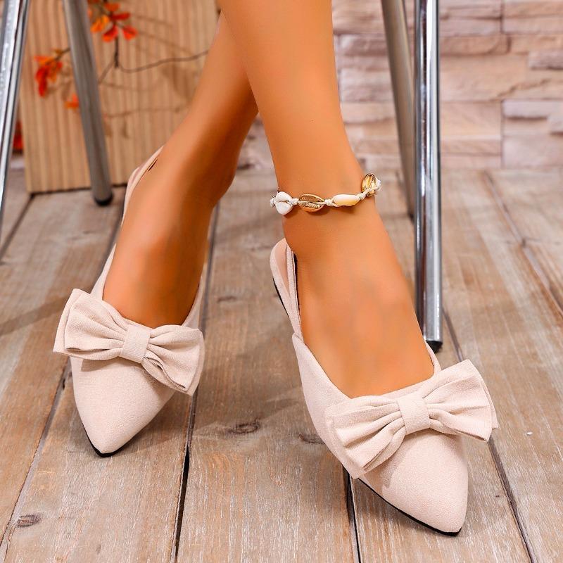 2026 Summer New Bow Baotou Sandals Women's French Pointed Toe Flat Low Heel Back Empty Single Shoes
