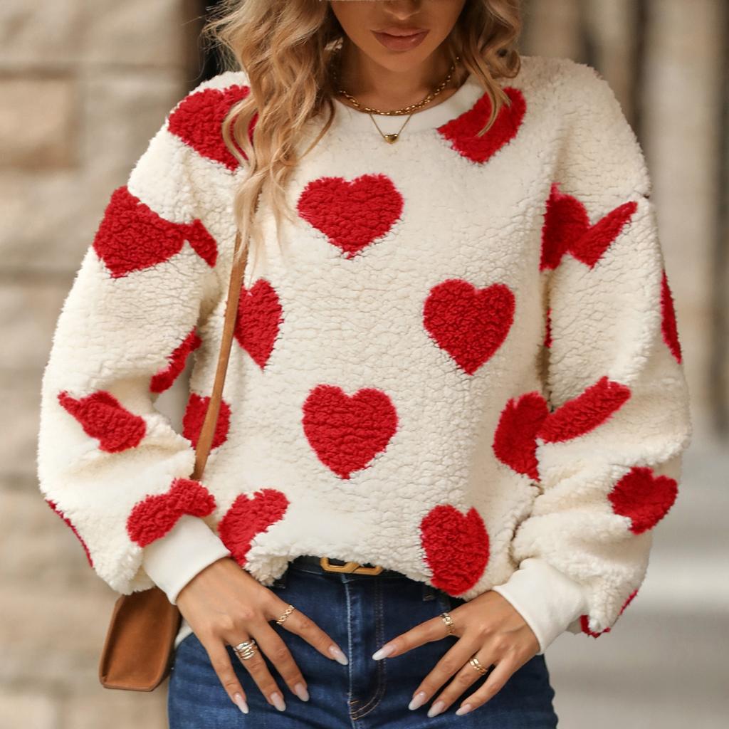 GMXIA Fließender Damen Herbst Winter Plüsch Liebe Print Locker Langärmliger O-Ausschnitt Pullover Hoodie