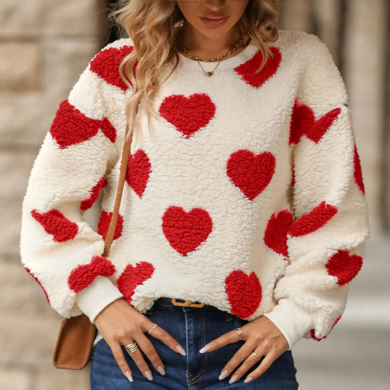 

GMXIA Женский пушистый осенне-зимний свободный худи-свитшот с принтом-сердечками, длинным рукавом и круглым вырезом S