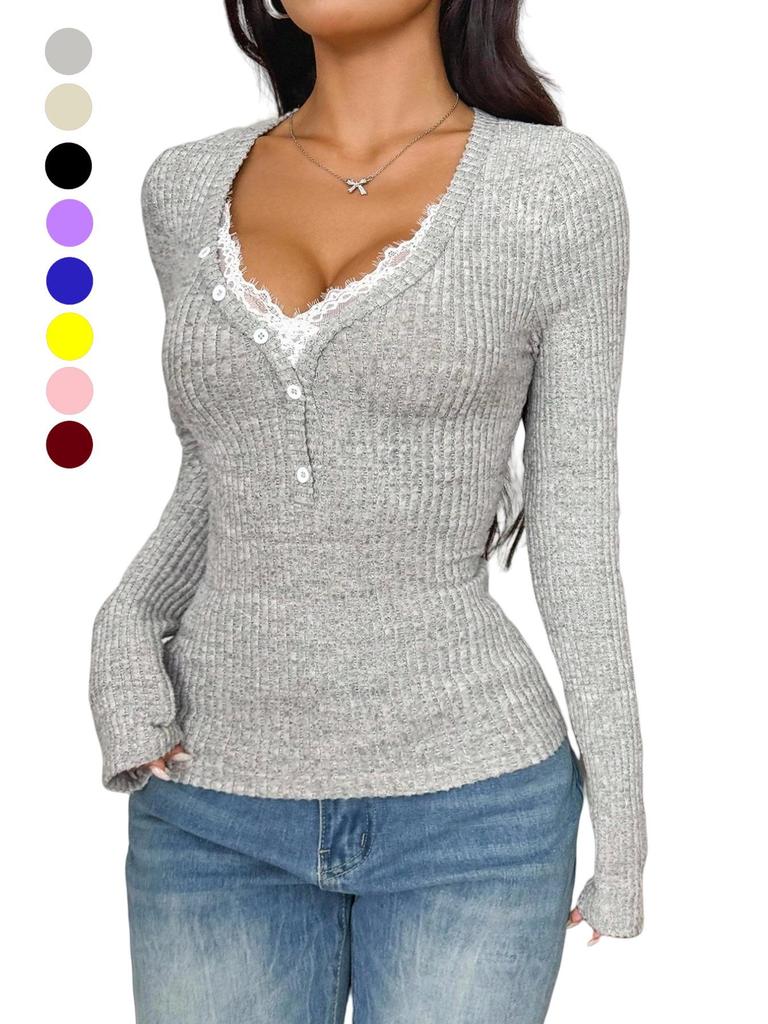 V-Neck Lace Long-Sleeve Knit Sweater - Slim Fit Base Layer for Autumn