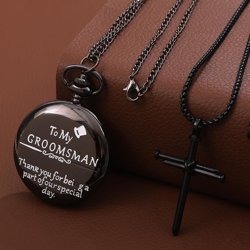 

2 шт./комплект, «Моему жениху» карманные часы из черного кварца и 1 шт. классическая подвеска-крест на шею, идеальный выбор для подарков мужчинам