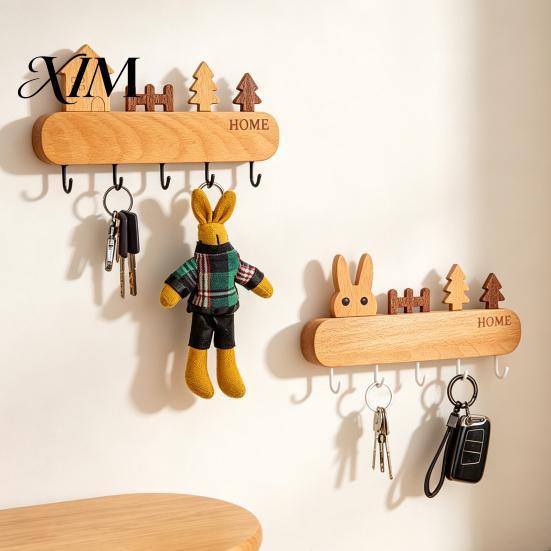 Pet Leash Holder for Wall Wooden Key with 5 Hooks, Cartoon House Theme Organizer, Multi Entryway Storage Purpose Hanging Rack Keys Leashes And