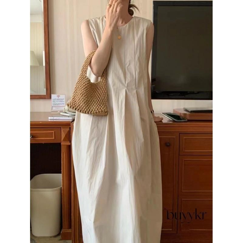 Summer Round Neck Pleated Sleeveless Vest Dress