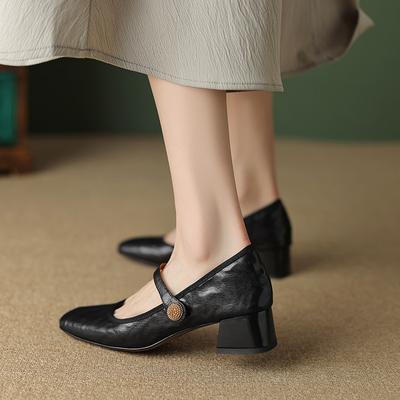 Retro French Single Shoes 2025 Autumn Square Head Thick Heel Small Leather Shoes One-word Buckle Belt Low Heel Mary Jane Shoes