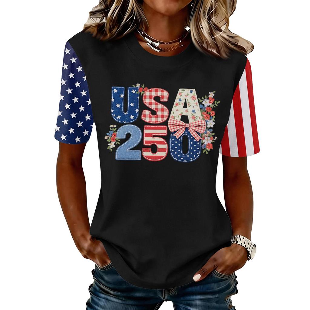 Blusa Feminina da Moda Casual de Manga Curta com Estampa e Gola Redonda