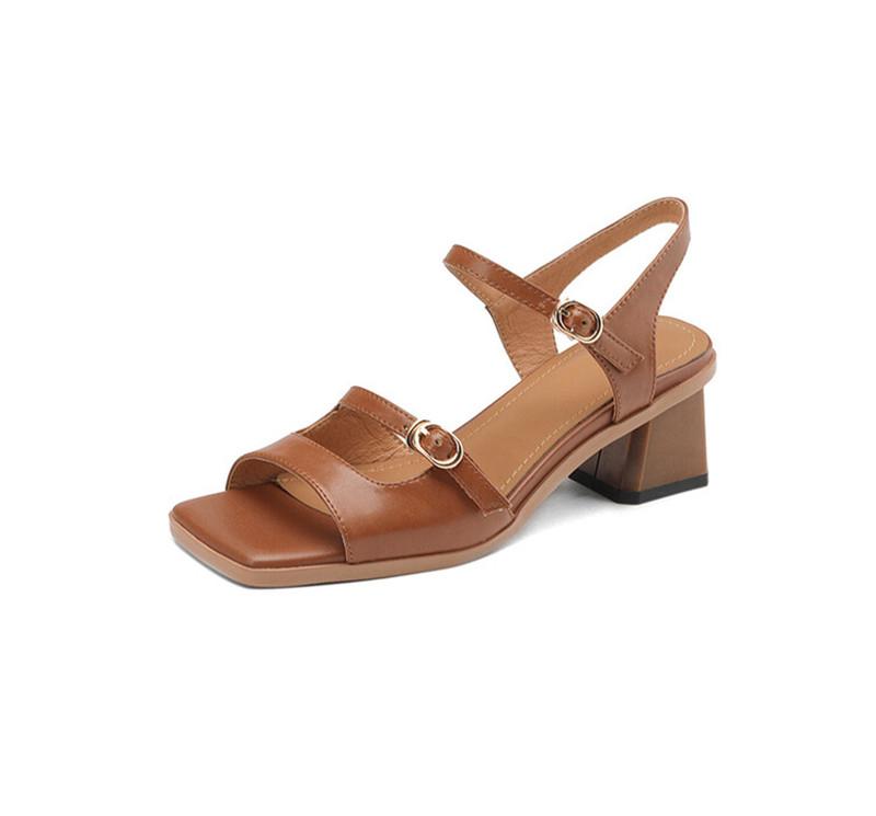 Fashion 2025 New Summer Sandals Women Square Toe Shoes Chunky Heel Open Toe Retro Sandals for Women Handmade Split Leather Women Sandals