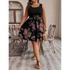 Women's Fashionable Casual Color Blocked Printed Sleeveless Waist Dress In Large Size
