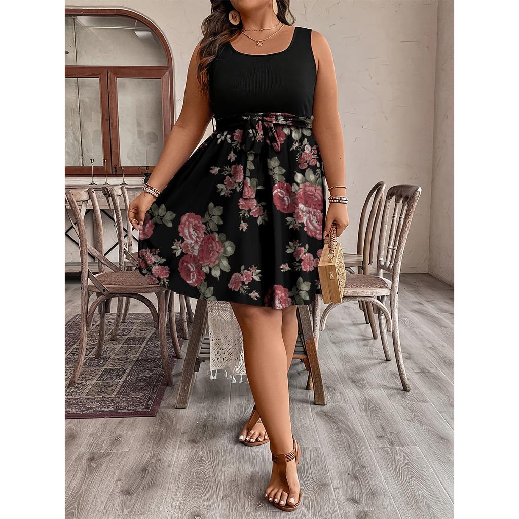 Women's Fashionable Casual Color Blocked Printed Sleeveless Waist Dress In Large Size
