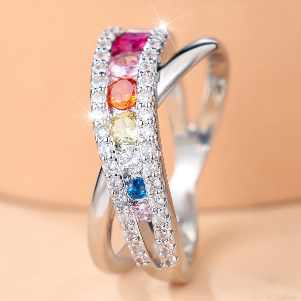 Romantic Silver Color Cross Band Multi-Color Zircon Ring for Women Wedding Anniversary
