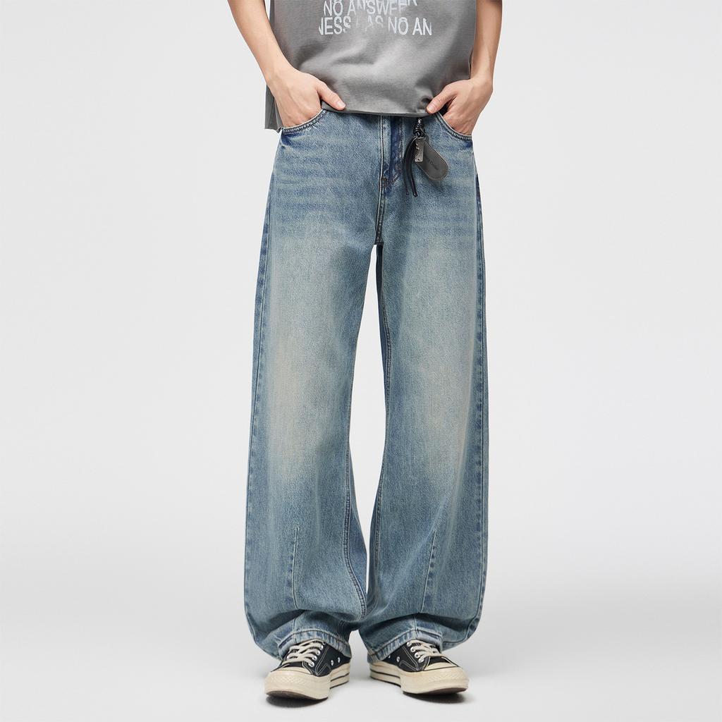 High-end Cotton Scimitar Jeans Men's Spring Retro Washed Cat Beard Wide-leg Casual Pants Trendy High Street Trousers