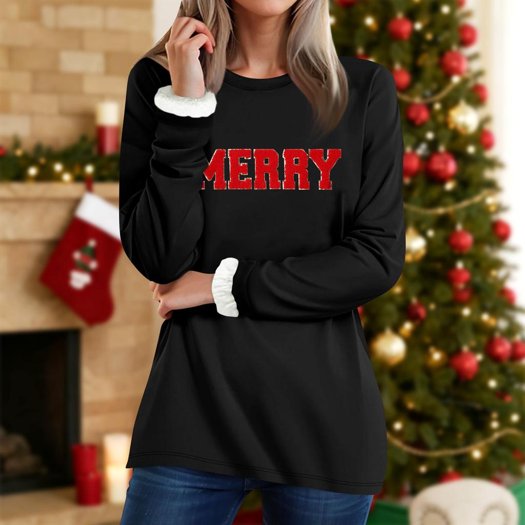 Women's Round Neck Top Printing Thickened Plush Cashmere Warm Long Top