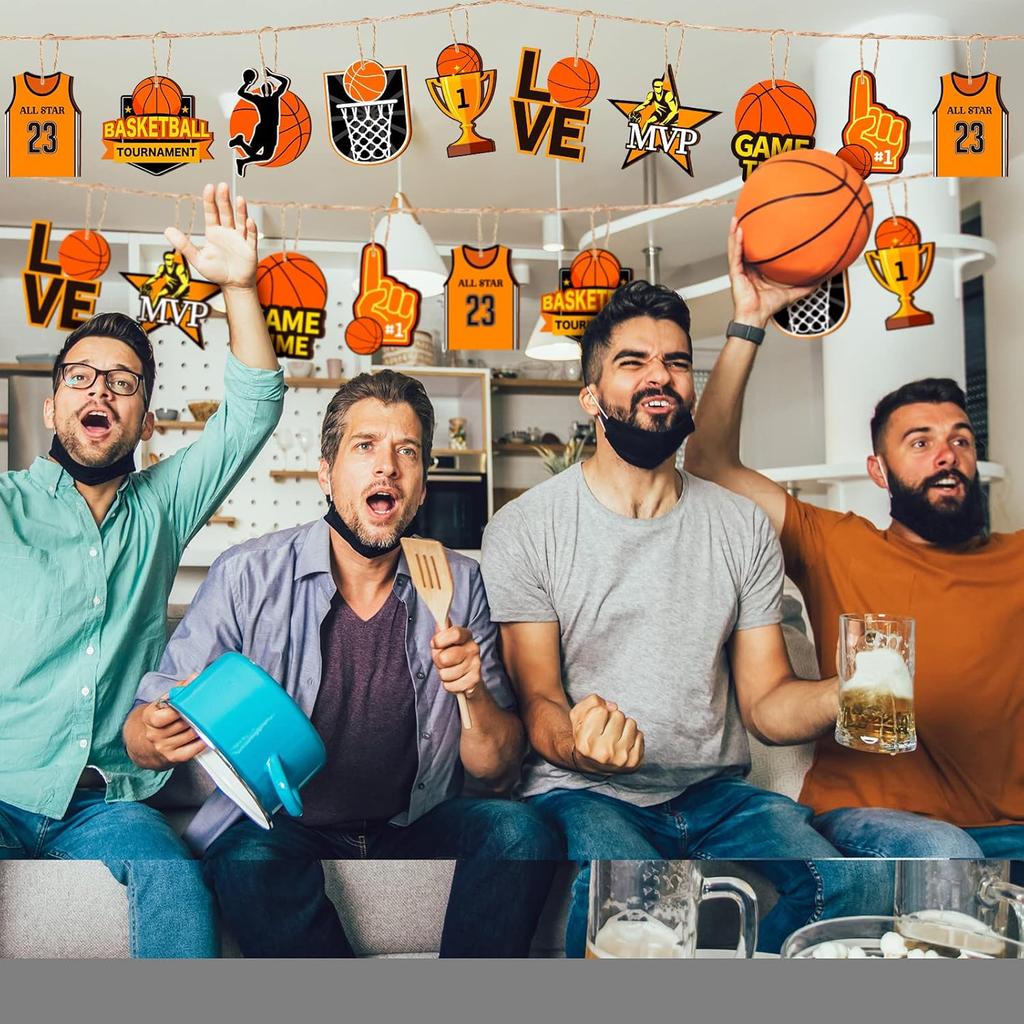 24 Pcs Basketball Wooden Ornament Basketball Cutout Wood DIY Crafts Wooden Hanging Ornaments with Twines for Party Decoration