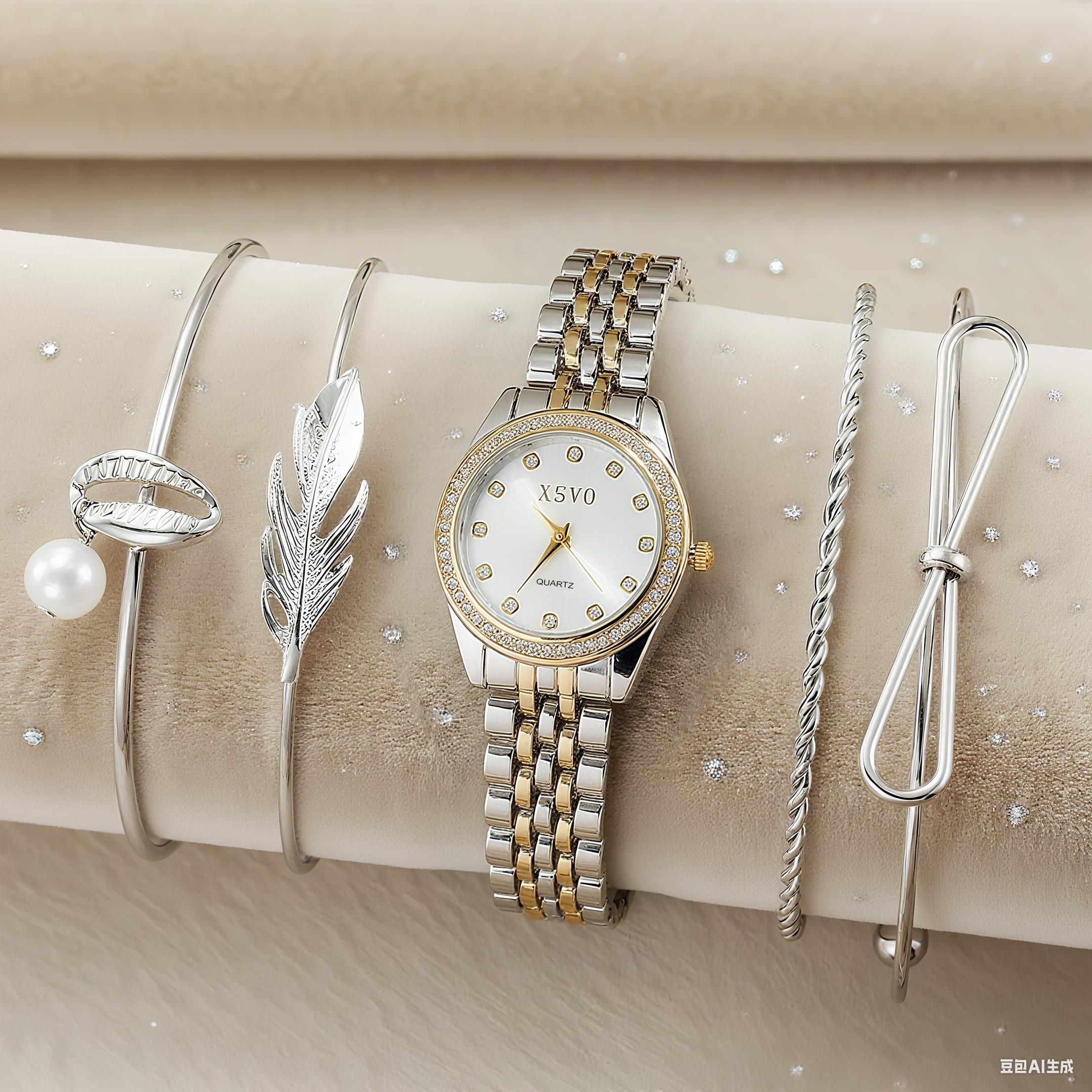 

Light luxury simple fashion Diamond round dial point diamond diamond scale alloy steel band women s quartz watch jewelry set of золотой