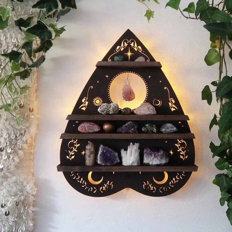 Moon Butterfly Wooden Shelf Crystal Essential Oil Storage Rack Wall Display Decor Rack Wall Hanging Living Room Organizer Shelf