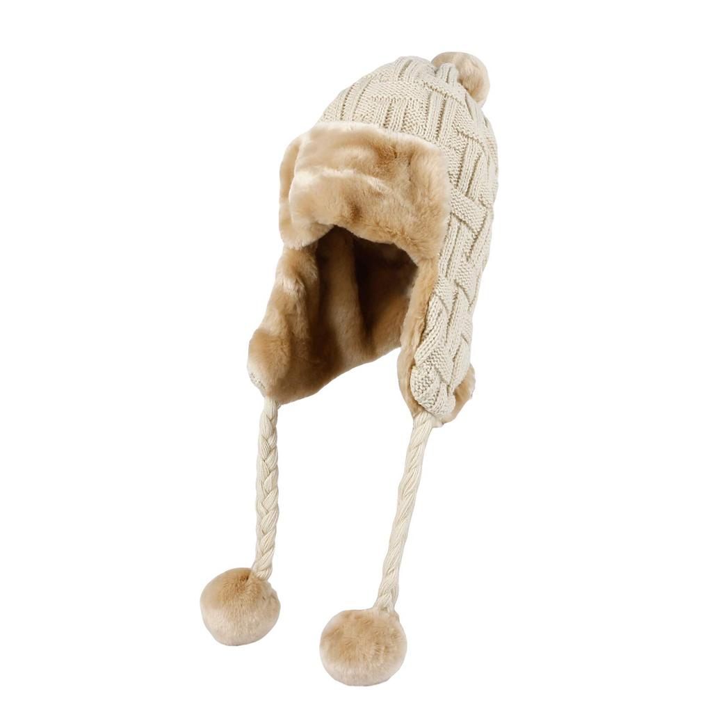 With Moons FZ70022 Warm Winter Knit Hat with Earflaps and Fur Lining (Beige), Pompoms, Woven-Look Design,