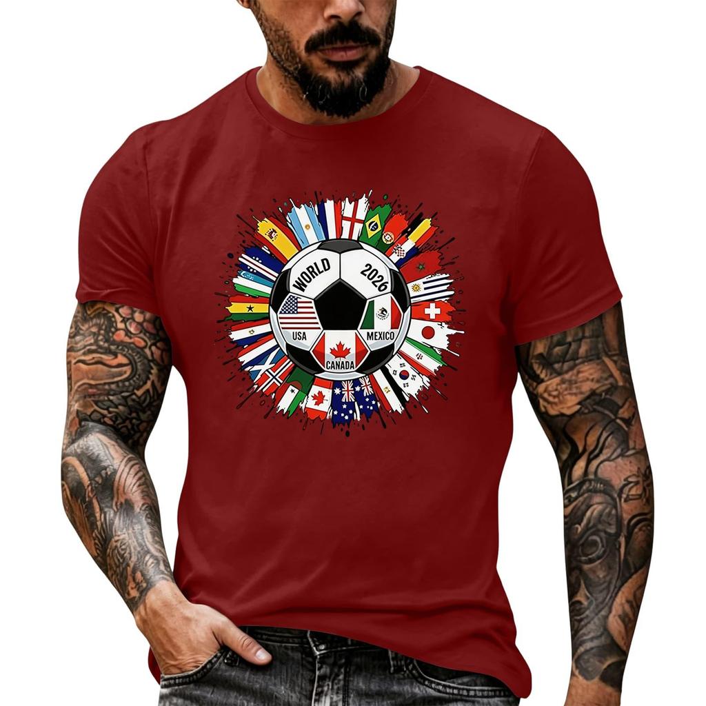 Men's Basic Crew Neck Short Sleeve T Shirt Loose Fit Casual Summer Top Soccer Ball and International Flags Graphic Print
