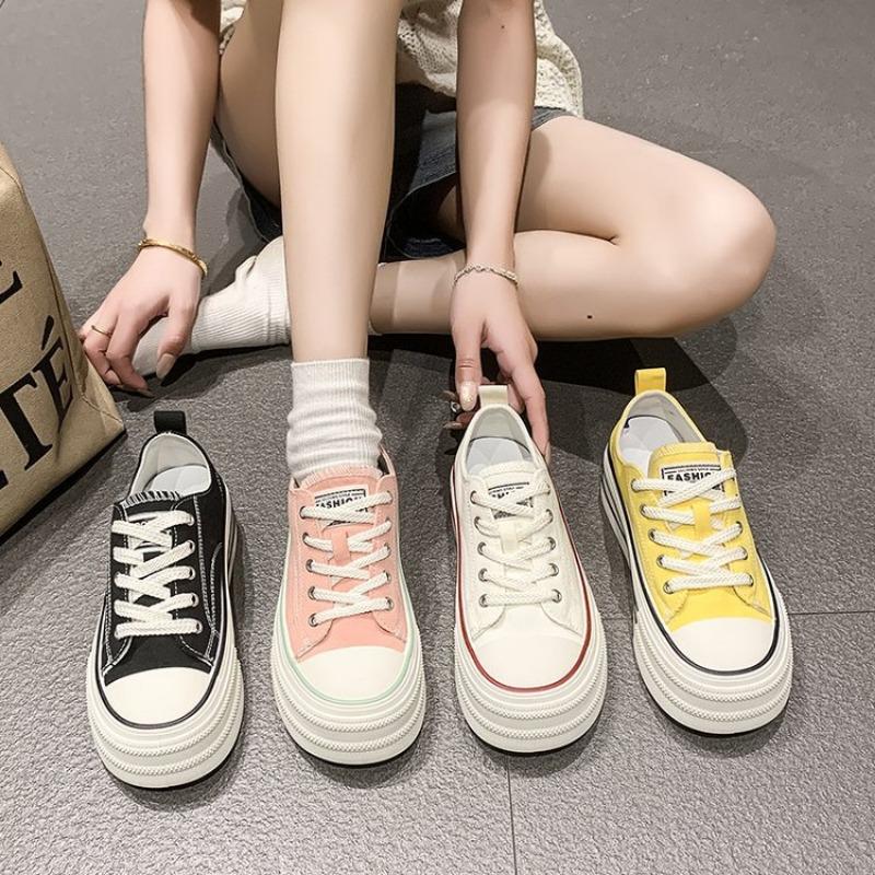 Summer Dopamine Simple Canvas Shoes Women's New Platform Running White Shoes College Style Lace-up Casual Shoes