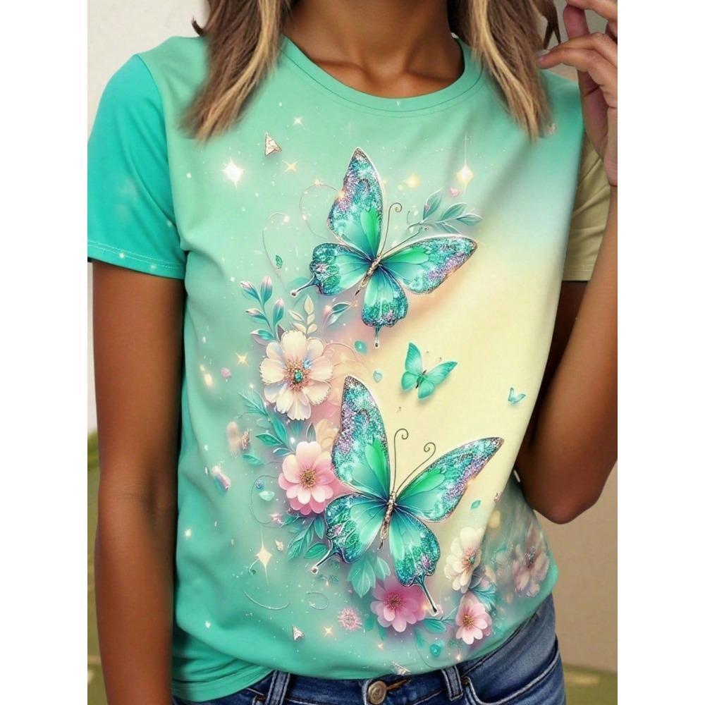 2026 New Summer Women's Round Neck 3D Printed T-Shirt Butterfly Graphics Fashion Short Sleeve Top