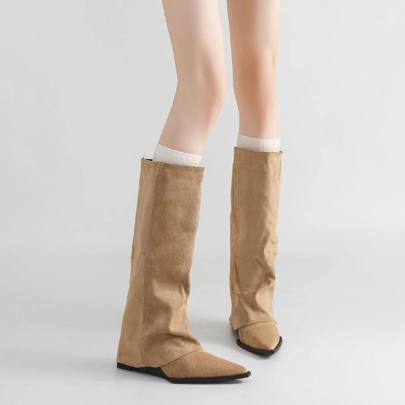 Winter Pointed Toe Women Knee High Boots Concise Slip On Wedges Heel Shoes Street Style Banquet Party Pipe Long Botas Mujer