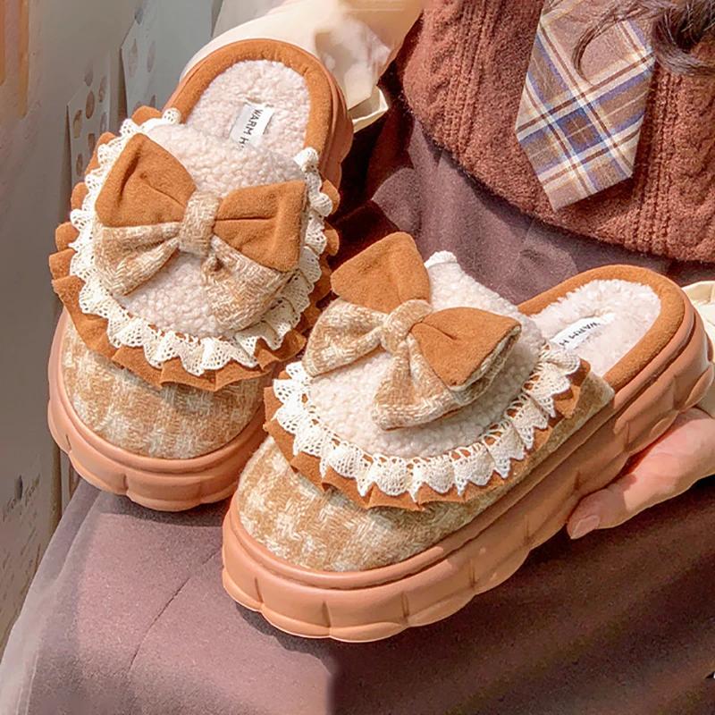 Fashion Fluffy Slippers Women Home Retro Bowknot Designer Winter Shoes Girls Cute House Cotton Casual Plush Platform Footwear Elegant
