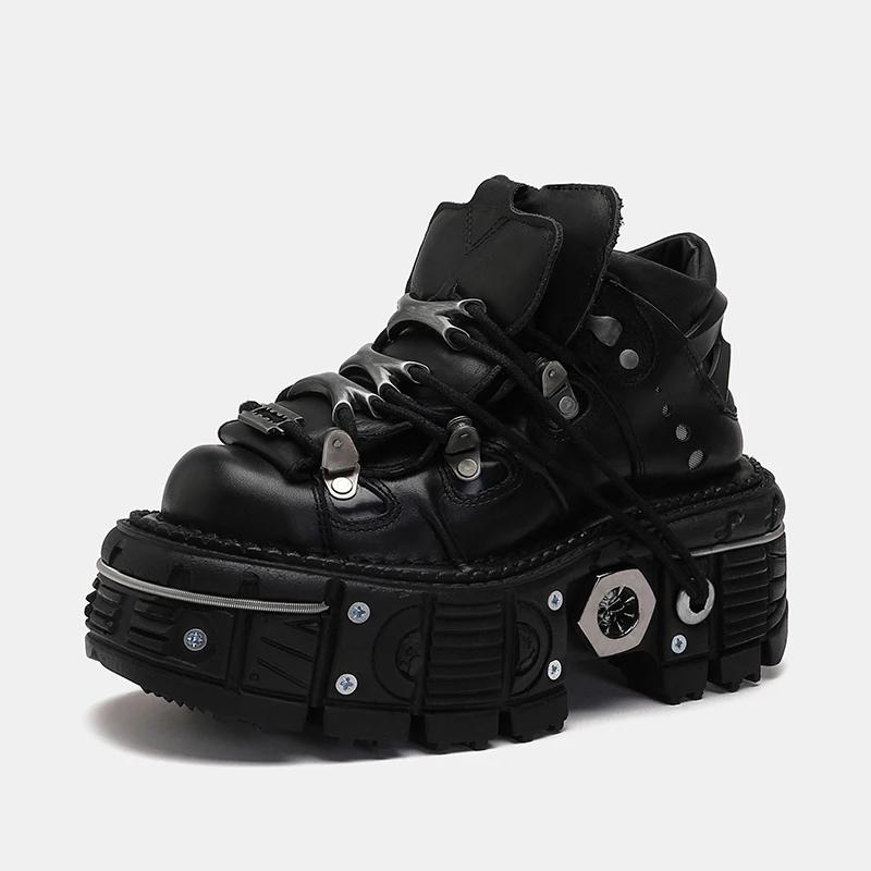 Fashion 2025 New Fashion Retro Tank-Soled Shoes Metal High-Top Shoes Thick-Soled Real Leather Shoes Punk Platform Sole Style Shoes Women