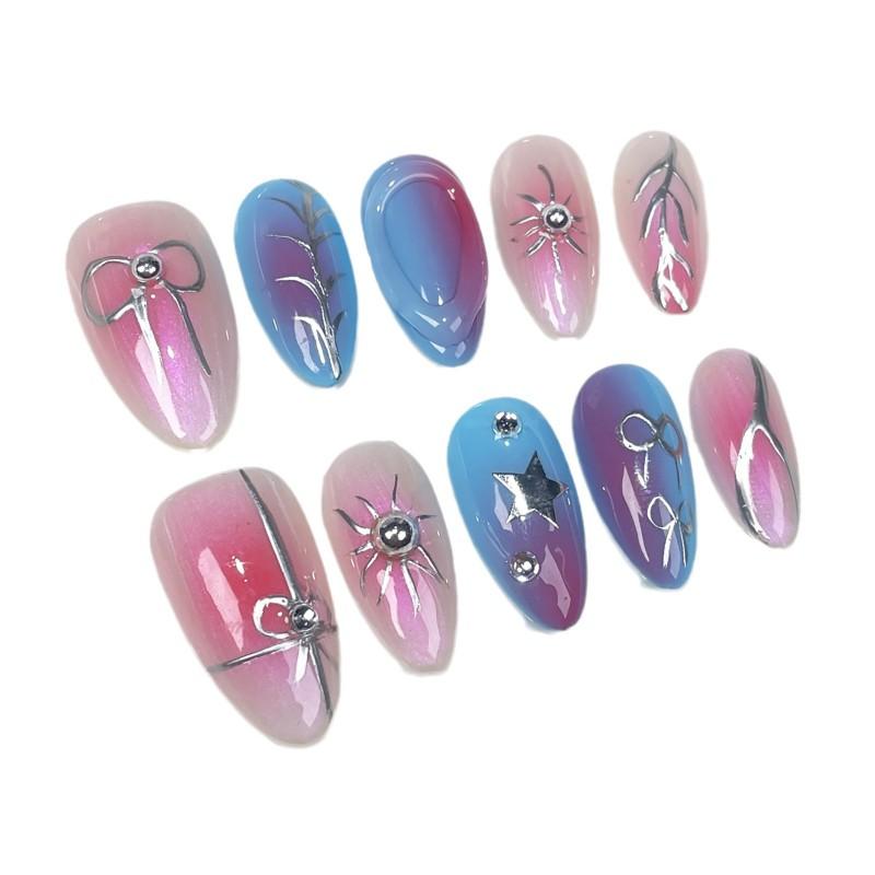 Press-On Nails With Hand-Painted Butterfly Knot Design Gradient Color Almond Shape Thin Invisible Edge Wear