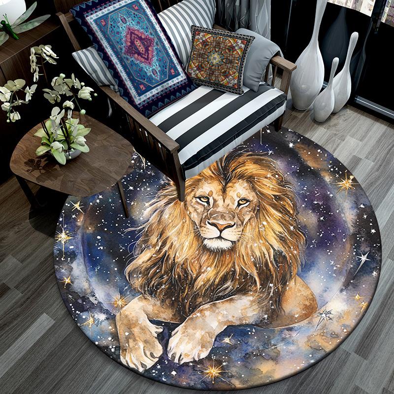 Lion Waves Stars Round Area Rug,Carpet Rug for Living Room Bedroom Sofa Playroom Decor,Non-slip Floor Mat