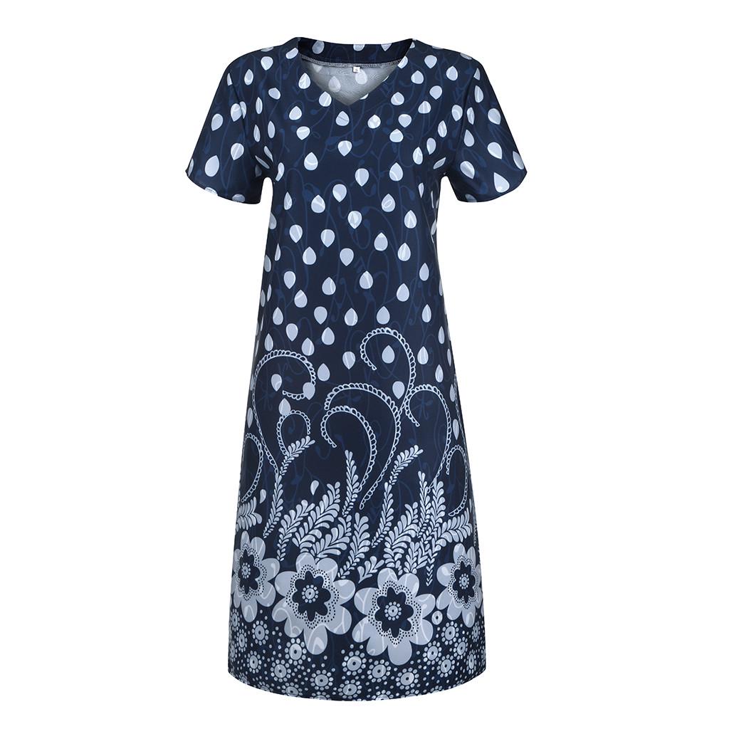 Fashion Women Casual Loose Dot Floral Print Patchwork V-Neck Short Sleeves Dress