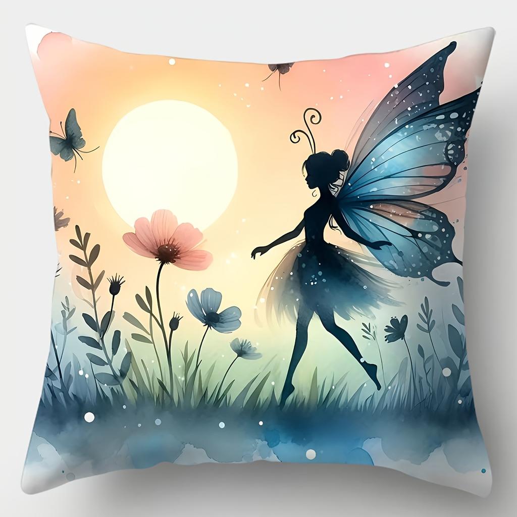 Fantasy Magic Style Pillow Covers, Playful Silhouette Fairy & Wildflower Print Cushion Cases Home Decor For Bedroom Living Room