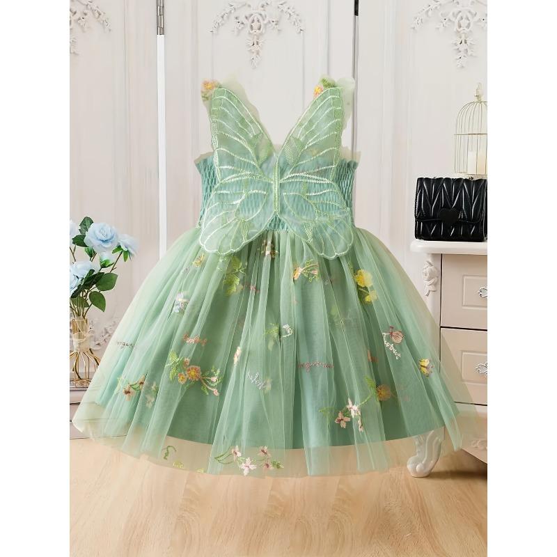 Mädchen-Traumhaftes Dreidimensionales Schmetterlingsflügelkleid, Süßes Mehrfarbiges Blumenbesticktes Netz-Prinzessinnenkleid für Sommer-Geburtstagspartys