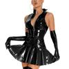 Womens Zipper Patent Leather Dress Wet Look Stand Collar Sleeveless Mini Dresses Party Clubwear