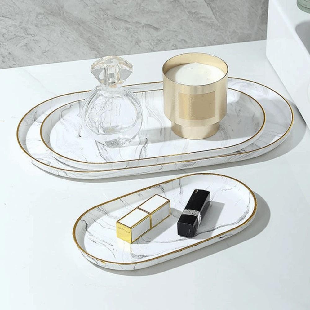 Gold Border Marble Oval Disk Marble Texture Jewelry Display Plate Oval Dish Home Decor