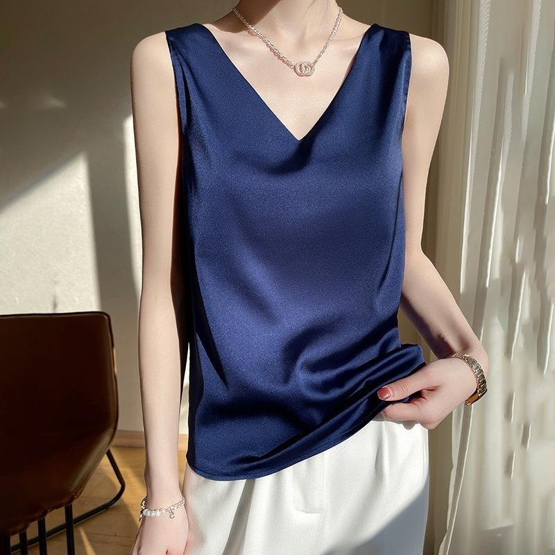 Women S Loose Fit V Neck Wide Strap Camisole French Style Ice Silk Top