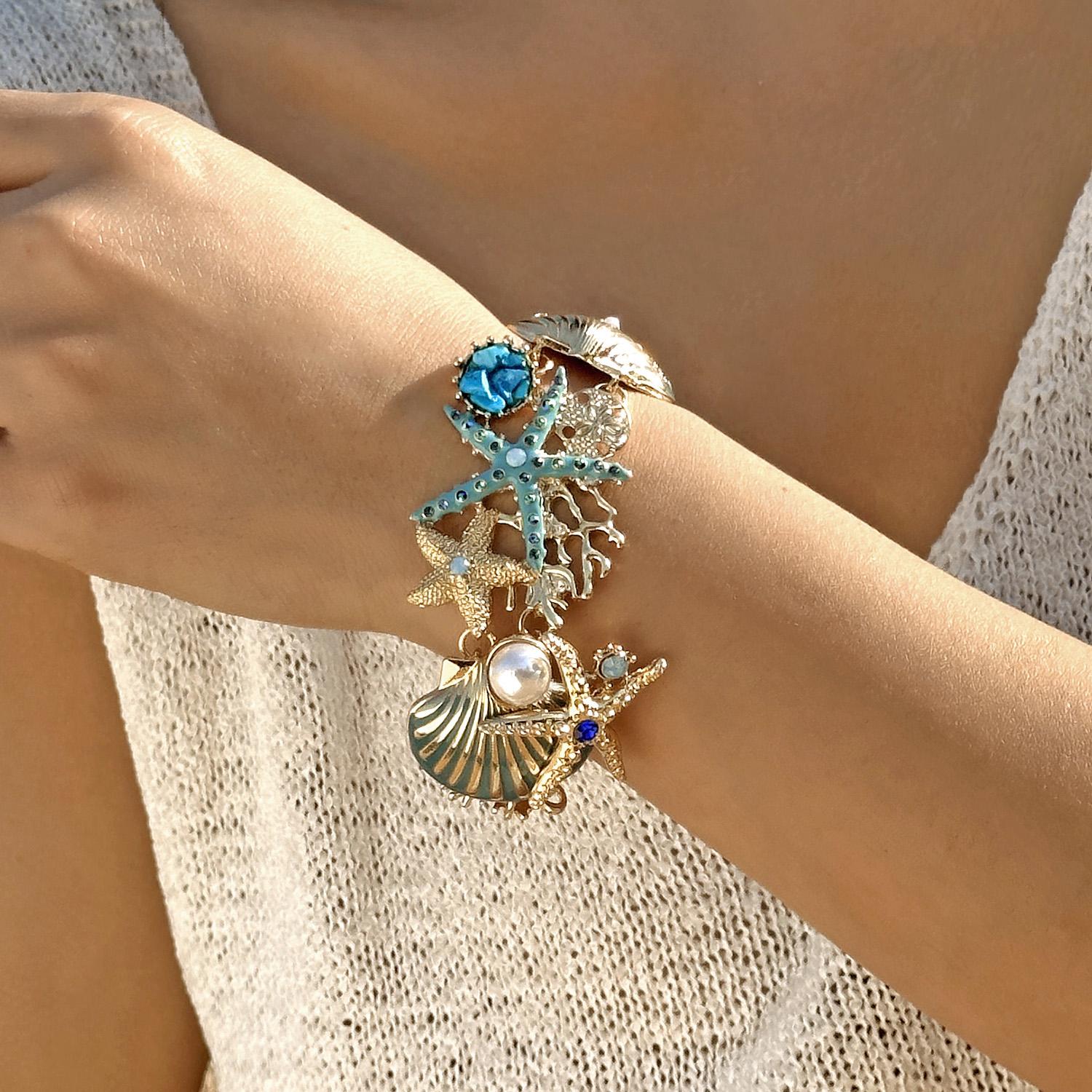 

Exaggerated Style Luxury Enamel Sea Shell Starfish Bracelets for Women Gold Colour Chain Mermaidcore Beach Party Jewelry Gift