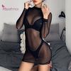 Lace Lingerie Sexy Hot Erotic Solid Color Babydoll Sleepwear Long Sleeve See Through Sheer Nightwear Bodycon Dress
