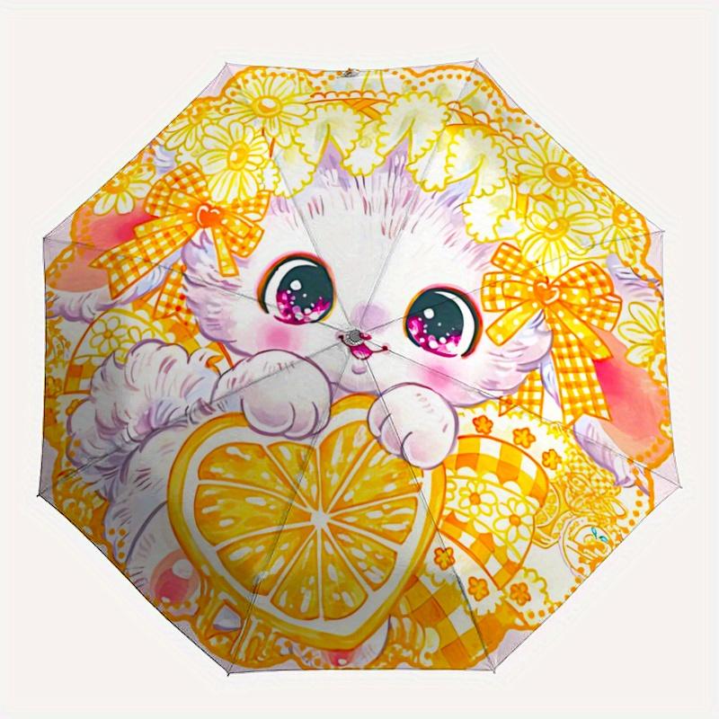 1pc Orange Kitten Ideas Automatic Open/CloseCartoon Umbrella-CuteUmbrella with Cute Design, Portable 3-Fold Compact Umbrella for Men & Women