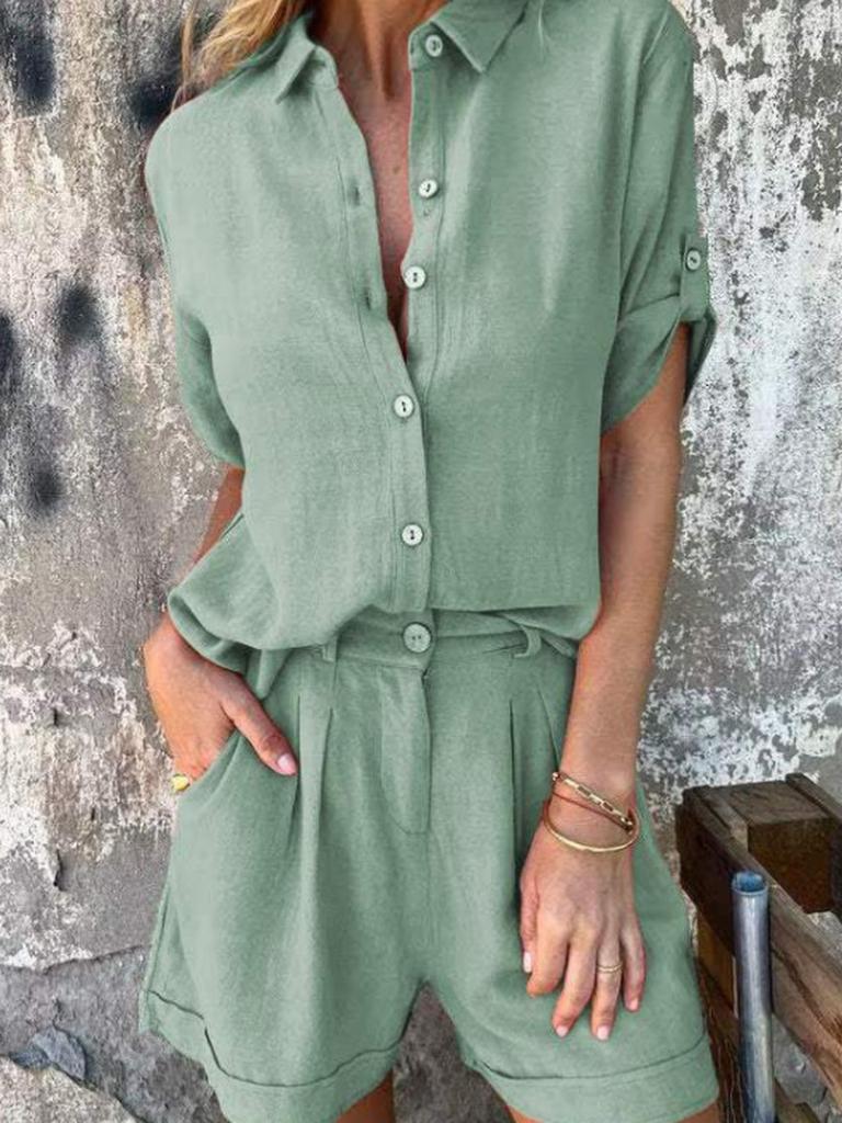 Summer New Cotton Linen Short Sleeve Shorts Set for Women