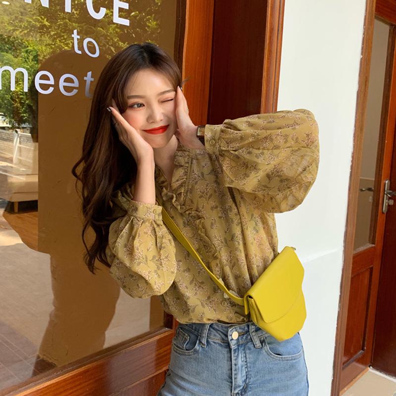 

Korean Style Floral Chiffon Puff Sleeve Blouse - 2025 Women s Long-Sleeve Top M жовтий