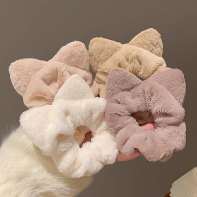 Zimní Roztomilé Korálové Fleece Scrunchies Kočičí Uši Elastické Gumičky do Vlasů pro Dívky Děti Měkká Gumička do Vlasů Ohon Vlasové Doplňky