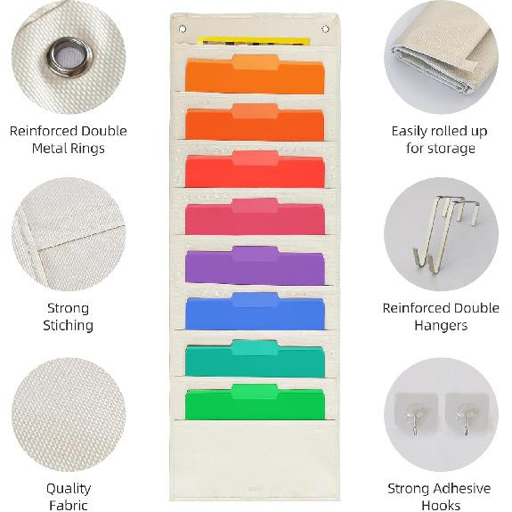 Hanging Wall File Organizer, Hanging File Folder Holder, Storage Center Pocket Chart for Paper Document, Pocket Chart for Office and Classroom, with