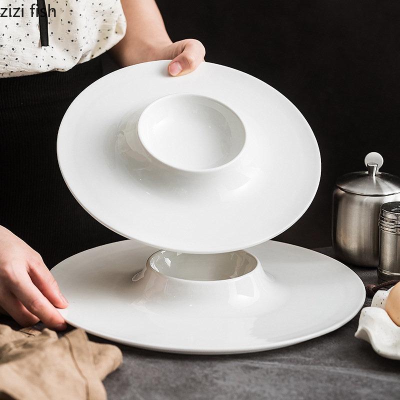 Keramik-Essteller, Restaurant, reinweiß, Dessertteller, dicker Suppenteller, Pastateller, Snackteller, rundes Haushaltsgeschirr