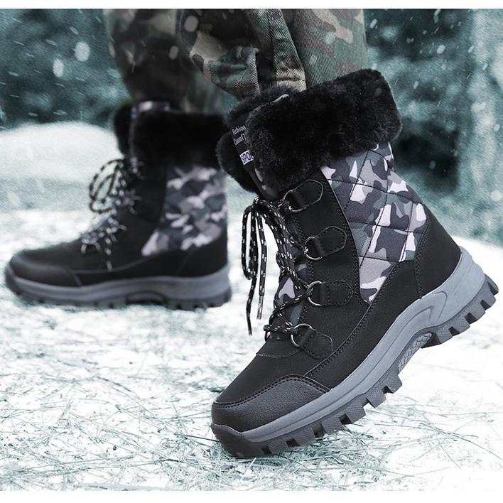 Damen Winterstiefeletten mit Camouflage-Muster, lässig, PU-Canvas, zum Schnüren, warme Baumwollschuhe für den Außenbereich, große hohe Stiefel, dicke rutschfeste Schuhe